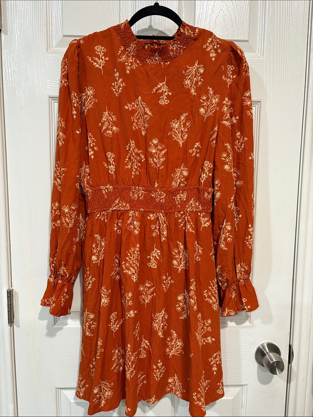 Cupshe Rust Orange Floral Long Sleeve Smocked Waist Dress